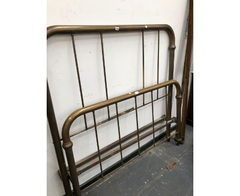 A VINTAGE BRASS DOUBLE BED WITH TUBULAR FRAMED FOOT AND HEAD BOARDS, EACH WITH FIVE UPRIGHT BARS.   W 138cms.