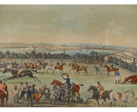 ANTIQUE HAND COLOURED PRINT OF A RACING MEET 36 x 72cms, TOGETHER WITH TWO COACHING PRINTS BY A DIFFERENT HAND. SIZES VARY (3