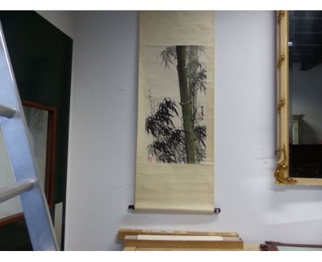 TWO CHINESE SCROLL PAINTINGS OF BAMBOO, ONE UNMOUNTED.   68.5 x 46cms. THE OTHER MOUNTED.   95 x 48.5cms.