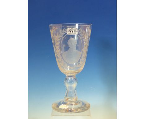 A HOLLOW STEMMED GLASS GOBLET, THE ROUNDED CONICAL BOWL ENGRAVED ON ONE SIDE WILLIAM PITT 1759-1806 OPPOSITE AN OVAL FRAMED P