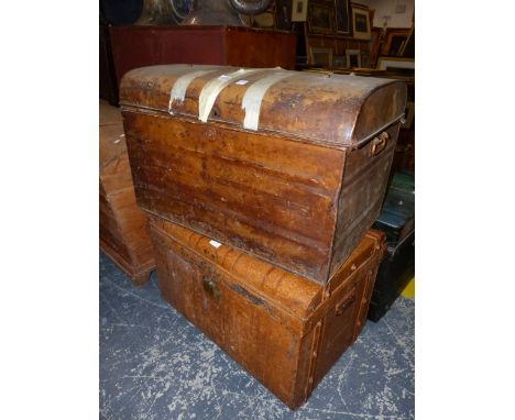 FOUR VINTAGE DOME TOP TIN TRAVELLING TRUNKS, LARGEST H. 45 X W. 71cm (4)
