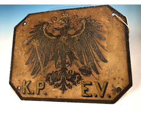 TWO ROYAL PRUSSIAN RAILWAYS CARRIAGE PLATES, EACH WITH THE CROWNED EAGLE ON A WHITE GROUND ABOVE K. P. E. V.   20 x 25.5cms