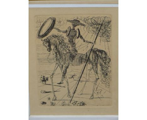 AFTER SALVADOR DALI (1904-1989).  ARR.  DON QUIXOTE, BLACK AND WHITE PRINT, GALLERY LABEL VERSO, 21 x 16cms.