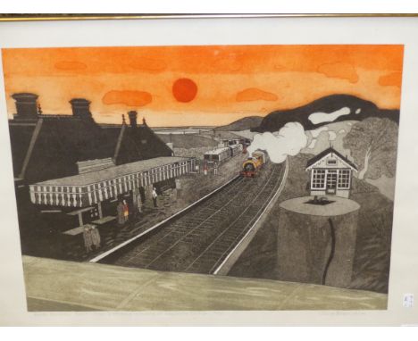JOHN BRUNSDON (1933-2014) ARR.  NORTH NORFOLK,  WEYBOURNE STATION,  PENCIL.  SIGNED LIMITED EDITION COLOUR PRINT,  55 x 74cms