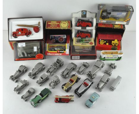 A collection of die-cast model vehicles, including Matchbox models of yesteryear YS-9 1936 Leyland 'Cub' fire engine, Burgago