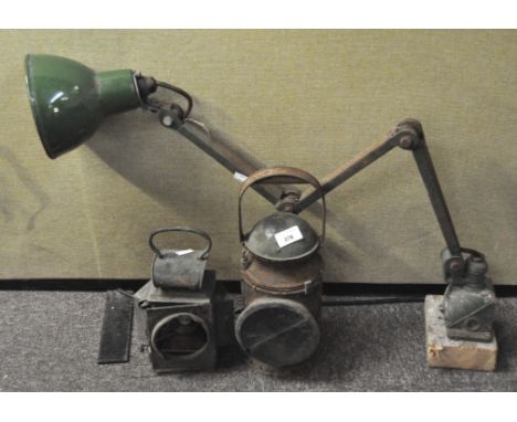 Two vintage hanging lanterns, together an anglepoise lamp