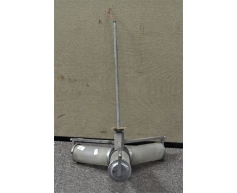 An art deco style chrome ceiling light, three branch, with three cylindrical shades, 72cm