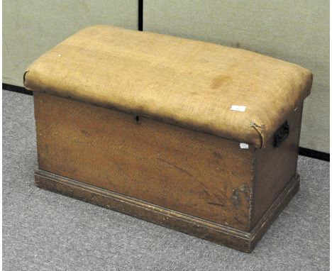 A vintage pine blanket box, with hessien upholstered top, 44cm x 80cm x 43cm
