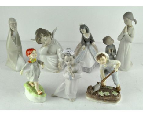 A collection of Lladro figures, to include two cherubs, largest 21cm high, together with two Royal Worcester figures (some AF