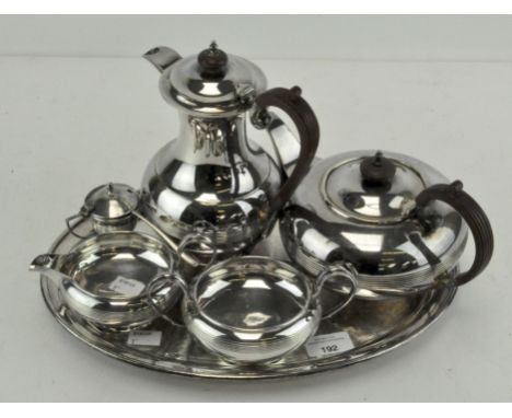 A vintage silver plated Walker &amp; Hall tea and coffee service, comprising Tea pot, Coffee pot, sugar bowl and cream jug, t