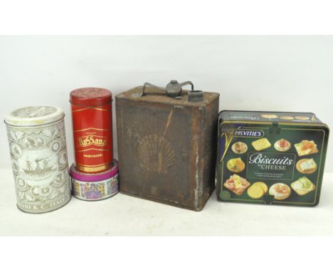 A selection of vintage tins, to include an early Shell oil can, 32cm high