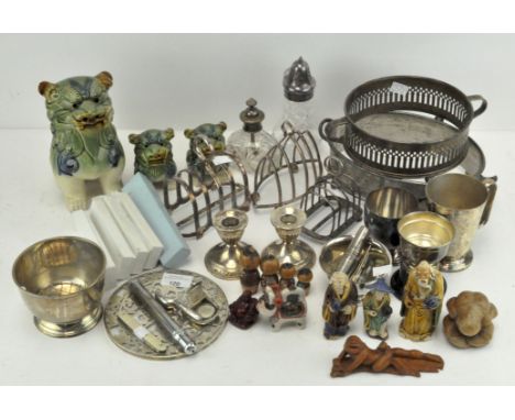 A collection of assorted wares, including silver plated toast racks, sterling silver on glass coaster, silver plated dual ves