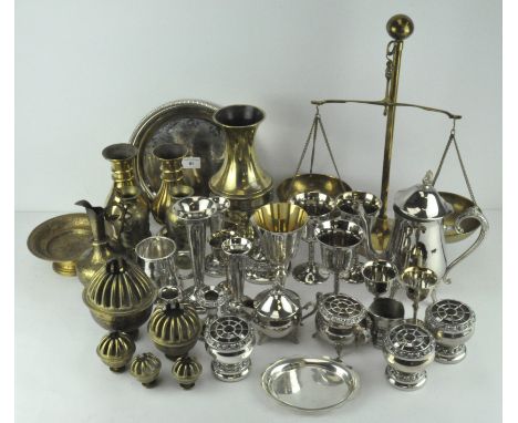 A collection of brass and plated wares to include a set of brass scales, silver plated goblets, rose bowls and more, largest 