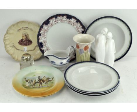 A selection of ceramics, including Royal Worcester bowls and Jersey pottery vase, also including a silver topped inkwell