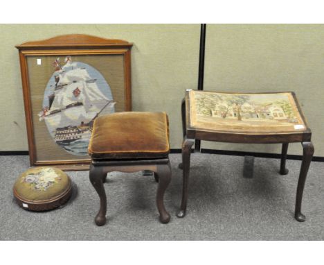Three stools, including a 19th century example of circular form with inlaid borders and floral upholstery, together with a ta