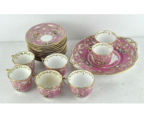 Pink and floral porcelain tea and coffee service comprising cups, saucers and serving plate