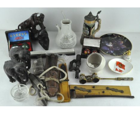 An eclectic mix of items, to include numerous knives, an ornate pair of mother of pearl opera glasses with enamel inlay by Hu
