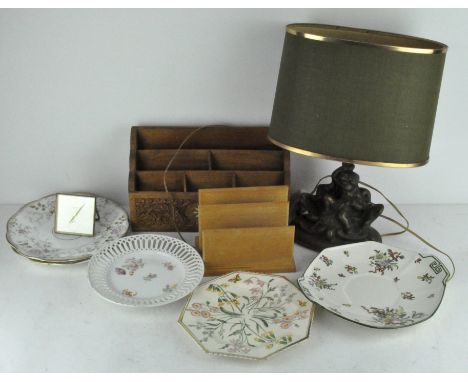 A group of five ceramic dinner plates including a Copeland example together with a table lamp, alarm clock and more