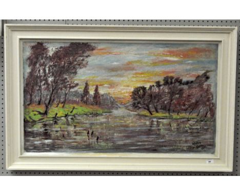 A large oil on canvas depicting a mountainous river scene, signed to bottom right Welby, Sept 71, framed, 61cm x 104cm