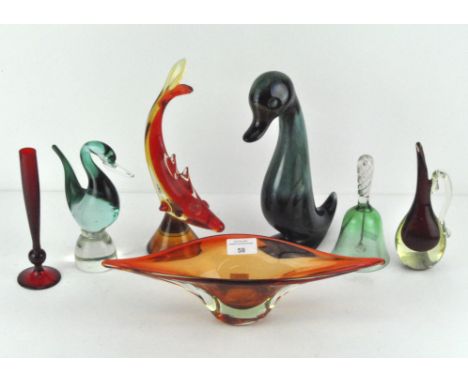 A Murano glass fish, H 29cm, a similar spear form bowl, and other glassware and ceramics