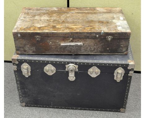 A large storage trunk, 91cm long, together a wooden carpenters tool box of rectangular form