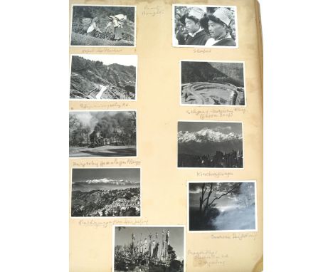 A vintage photograph album containing photos of travels through India, circa 1956, locations including Shillong, Amingaon and