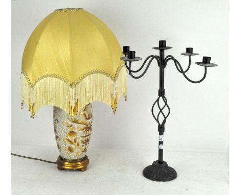 A modern five sconce metal candelabra, 49cm high, together with a table lamp