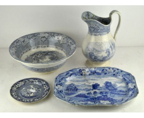 A group of early blue and white ceramics, including wash bowl and basin, meat dish and another (AF)