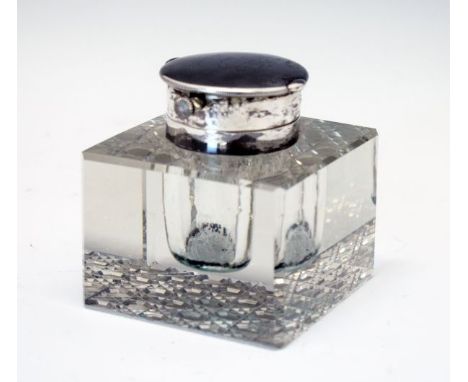 Edward VII square glass inkwell, the silver hinged cover containing a timepiece, hallmarks for John Grinsell & Sons, Birmingh