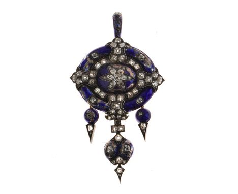 Mid Victorian diamond and blue enamel brooch pendant with a locket back, in original fitted case, 27.3g gross  Condition: Sev
