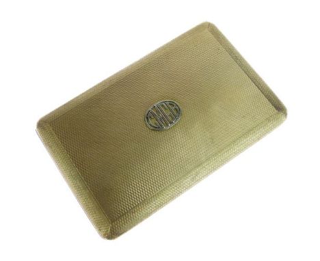 Rectangular engine turned 9ct gold cigarette case, having applied white metal initials C.M.G.B., 228g approx gross  Condition