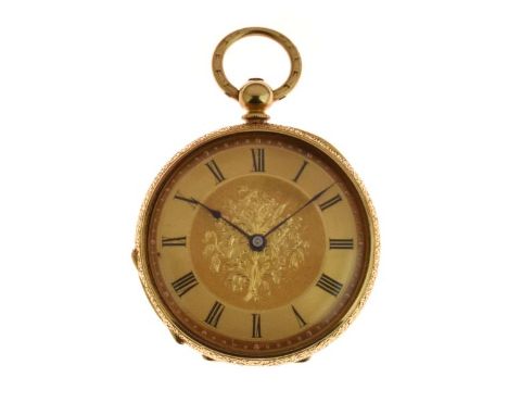 Fob watch, stamped '750', the four piece hinged case with gold cuvette housing a bar movement with cylinder escapement, 36mm 