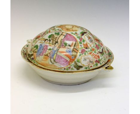 Cantonese Famille Rose warming dish and cover, the cover with two reserves decorated with figures on a terrace, the base deco