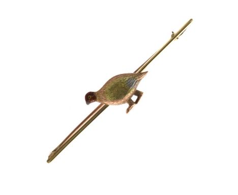 Grouse bar brooch, the bird with enamel detail to the head and two colour body, bar is 6cm long, 4.1g gross  Condition: The b