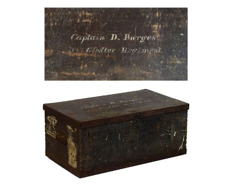 Early 20th Century steel bound pine trunk with script to the top 'Captain D. Burges, The Gloster Regiment', 67cm wide Daniel 