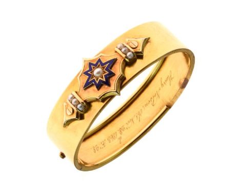 Mid Victorian pearl and enamel hinged bangle, with an inscription dated 1863, the blue starburst motif centred with a pearl a
