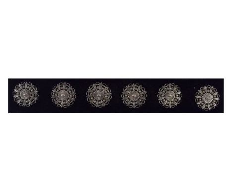 Set of six Edward VII silver buttons, each with pierced flower head decoration, makers William Hutton & Sons Ltd, Birmingham 