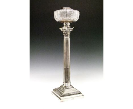 Early 20th Century Mappin & Webb silver plated oil lamp having a cut glass reservoir, tapered Corinthian column and standing 