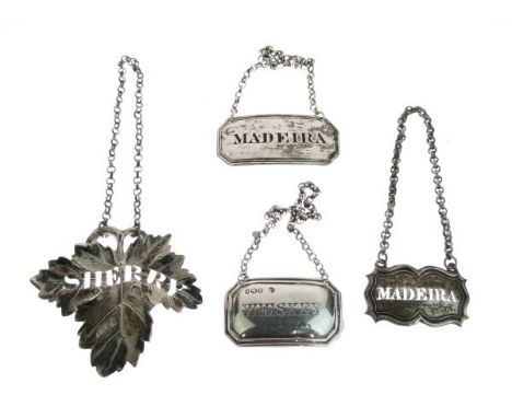 William IV cast silver leaf shaped Sherry decanter label, maker Benjamin Smith, London 1834, 7cm wide, a William IV silver Ma