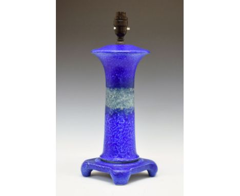 Ruskin mottled blue, green and yellow table lamp of column form, standing on a square foot, base with impressed marks, 36cm h