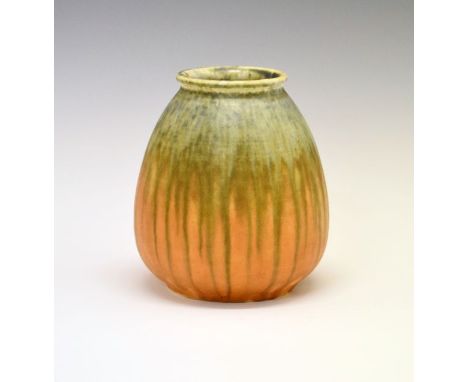 Ruskin orange and green matt glazed ovoid vase, base with impressed marks, date 1931 and Howson-Taylor incised signature, 14c