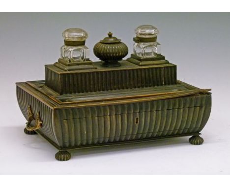 19th Century horn deskstand, the raised centre section fitted side drawer, central circular lidded pot flanked by a cut glass