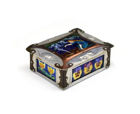 Art Nouveau design copper mounted aluminium rectangular box, the hinged cover inset with an enamel panel depicting a kneeling