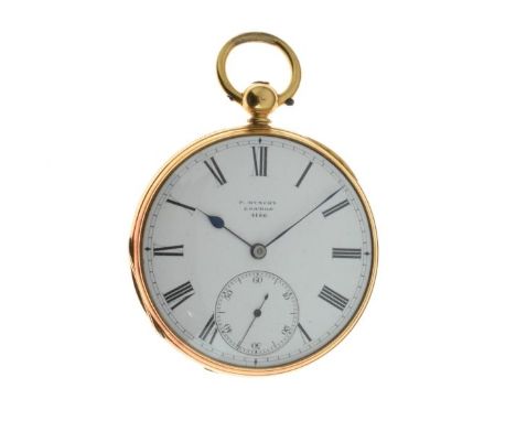 P. Muncey, London - 18ct gold open faced pocket watch, London 1866, the signed white enamel dial with black Roman numerals, s