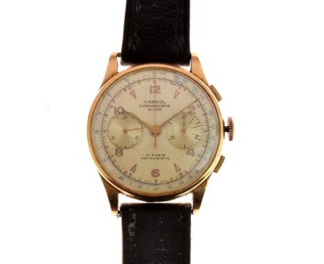 Carrol - Gentleman's Chronographe Suisse wristwatch, 18ct gold, manual wind, off-white dial with red, blue and black outer tr