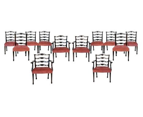 Set of twelve Georgian style mahogany dining chairs, each having a pierced ladder back, wide seat upholstered in pink dralon 