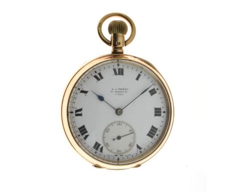 Perry, 24 Regent St, London - 9ct gold open faced pocket watch, the signed white enamel dial with black Roman numerals, sunke