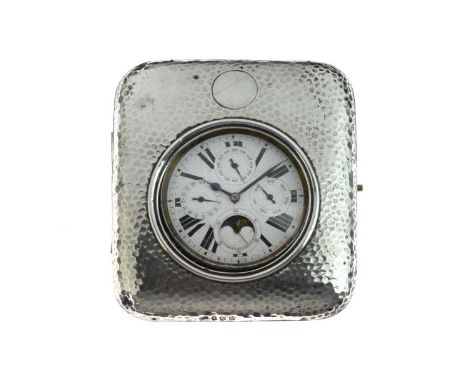 Complicated Goliath watch, with moon phase, month, day and date subsidiary dials, in a plated metal case, cuvette inscribed '