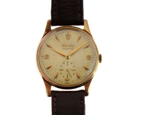 Rolex - Gentleman's Precision wristwatch, 9ct gold manual wind, off-white dial with applied gold markers, numerals and hands,