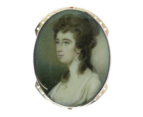 Patrick John McMorland (1741-1809) - Oval miniature - Portrait of a lady wearing a white dress, signed with initials P. MC, i